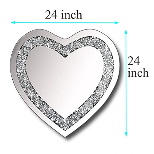 DMDFIRST Crystal Crush Diamond Heart Shaped Silver Mirror for Wall Decoration 24x24x1 inch Wall Hang Frameless Mirror Acrylic Diamond Décor.